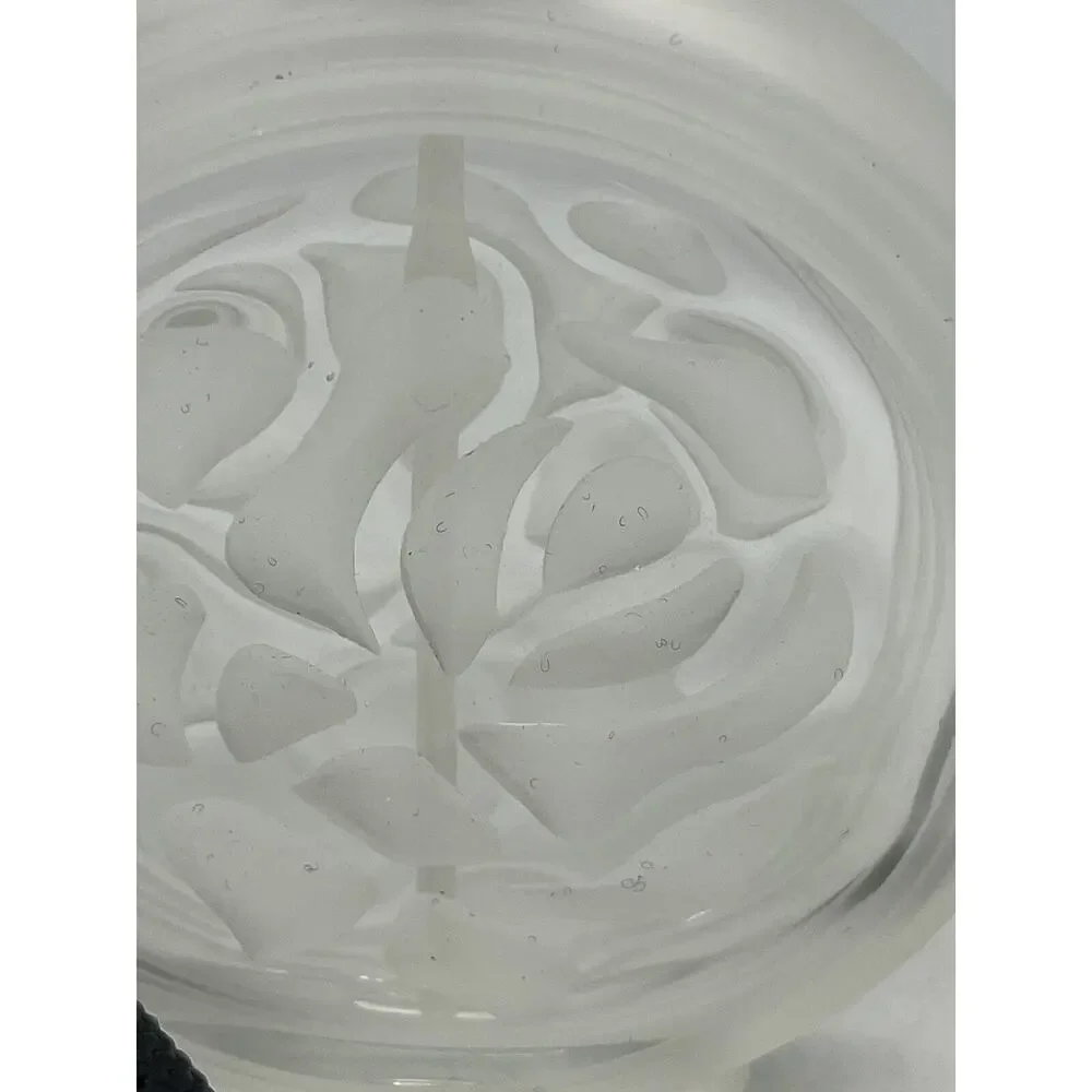 Vintage Heavy Solid Glass Flat Round Etched Cut Rose Perfume Bottle Atomizer